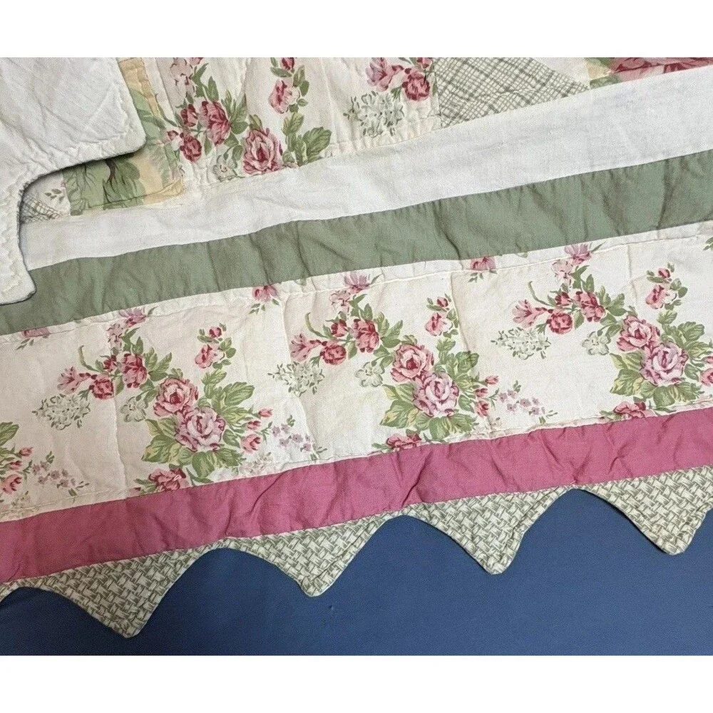 Vintage Floral Pink Green Scalloped Edges Some Staining See Pics 76”x76”